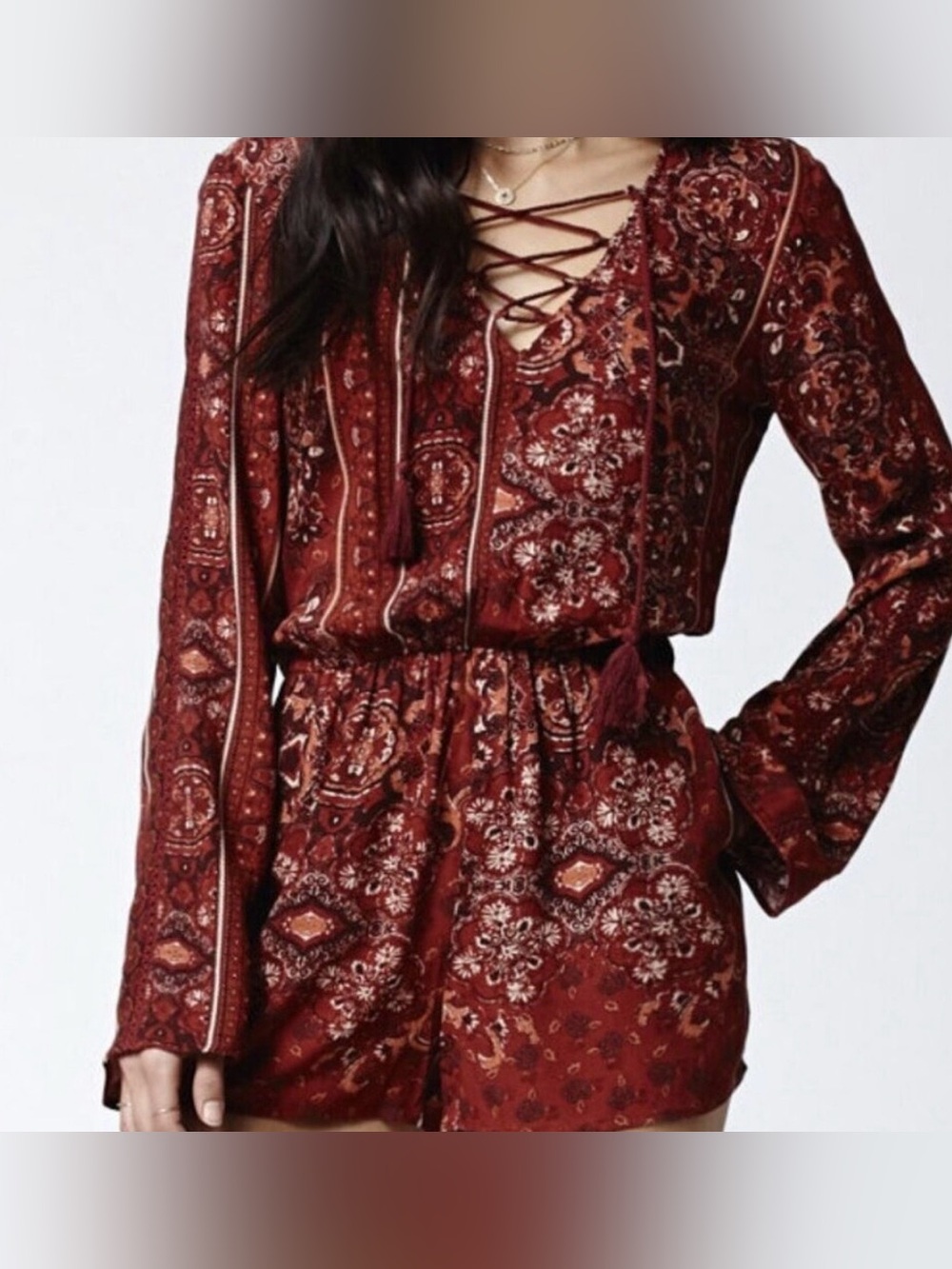 Kendall & Kylie Boho Rust Paisley Lace-Up Long Sleeve Romper